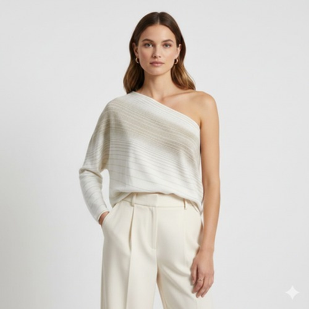 Escada Blouse Womens L 44 White Off Shoulder Asymmetrical Metallic Stripe Top
